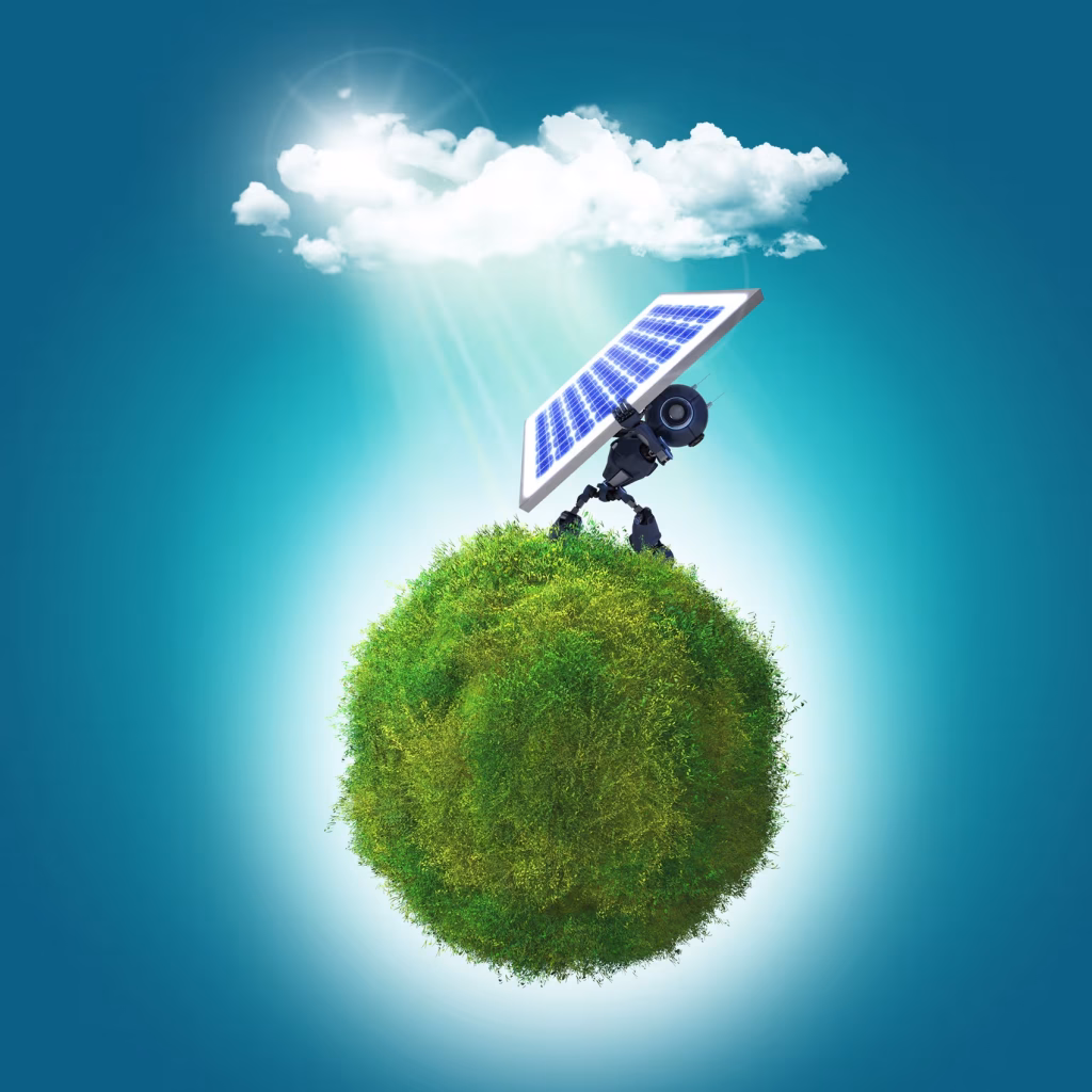 Solar Solutions 2 3d-render-robot-holding-solar-panel-grassy-glboe